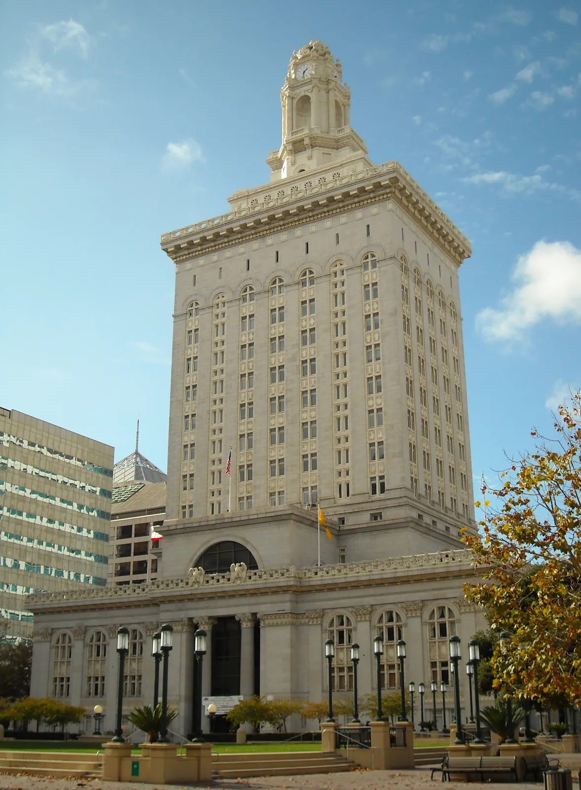 Oakland City Hall’s tower photographed from the plaza.